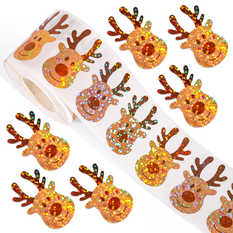Whaline Christmas Deer Stickers Roll Laser Seal Stickers Cartoon Reindeer Waterproof Self-Adhesive Decals for Envelope Journal Decor Xmas Winter Holiday, 500 Pcs - Image 1